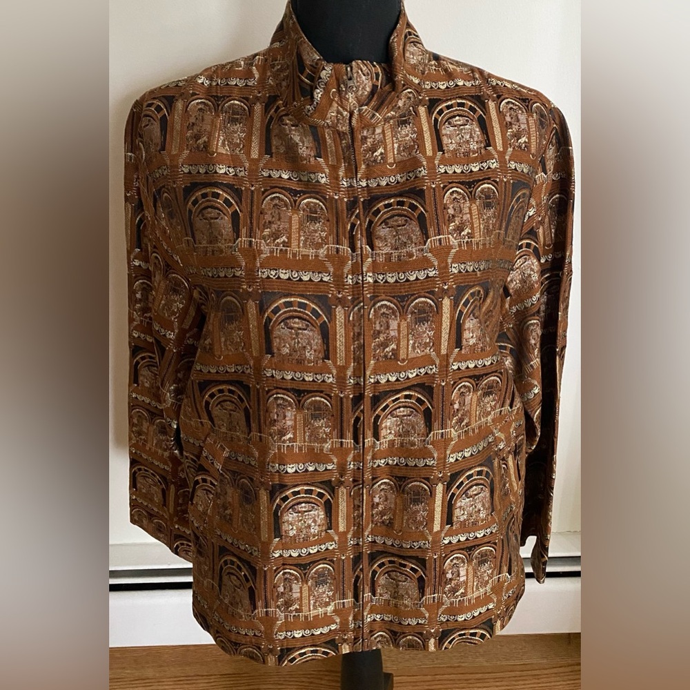 Chico's Multi Color Grecian/Roman Design Silk Blend Jacket Front Zipper Sz M(1)